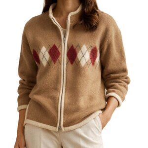 Vintage Camel Argyle Wool Cardigan | 100% Wool | Zip Front | S/M
